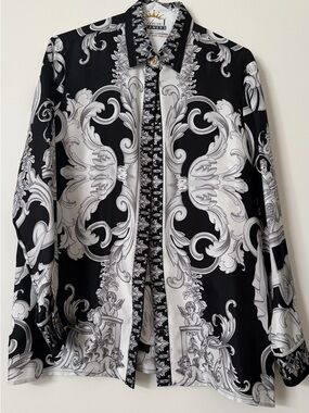 Versace Baroque Silk Shirt Medusa Button Black White Size 40 Authentic NFC